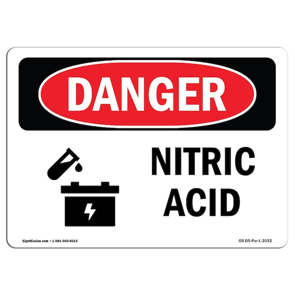 Safety Sign, OSHA Danger, 3.5" Height, 5" Width, Nitric Acid, Landscape, 10PK
